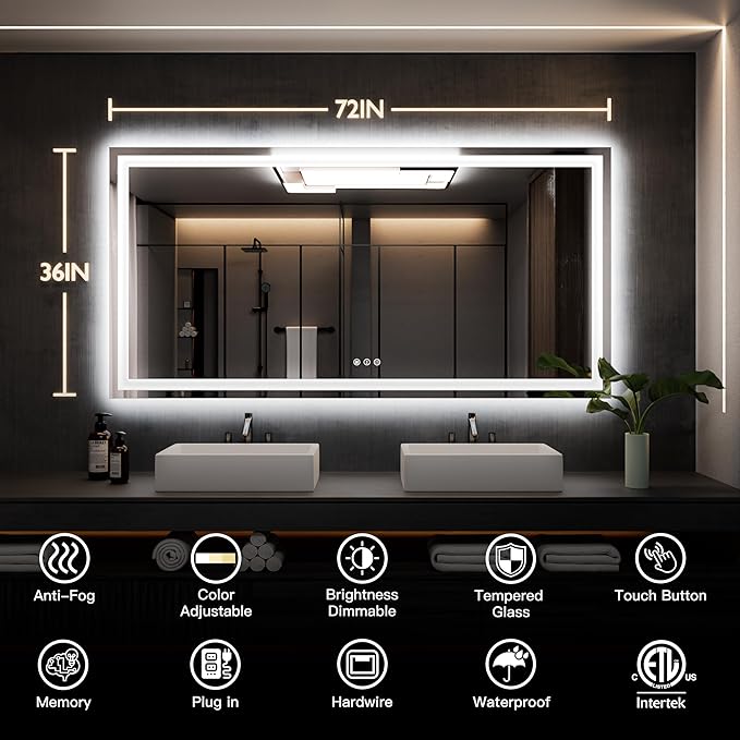 ISKM 72'' x 36'' LED Mirror for Bathroom Lighted Vanity Mirror for Wall Front Lights + Backlit LED Bathroom Mirror Anti-Fog Tempered Glass ETL Listed