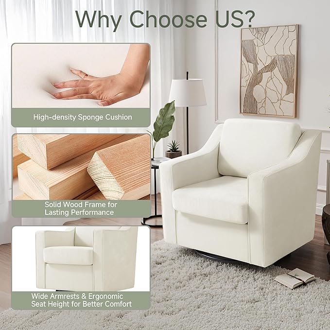 UIXE Swivel Accent Chair Set of 2, Chenille Upholstered Arm Chair for Living Room, Modern Club Armchair Comfy Single Sofa Bedroom Reading Seat with Lumbar Pillow - Cream Beige