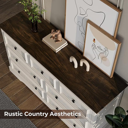 Farmhouse 7 Drawer Dresser for Bedroom, 54" Wide Wooden Dresser with Natural Texture & Vintage Metal Knobs, Large Chest of Drawers for Bedroom, Living Room, Hallway, Antique White