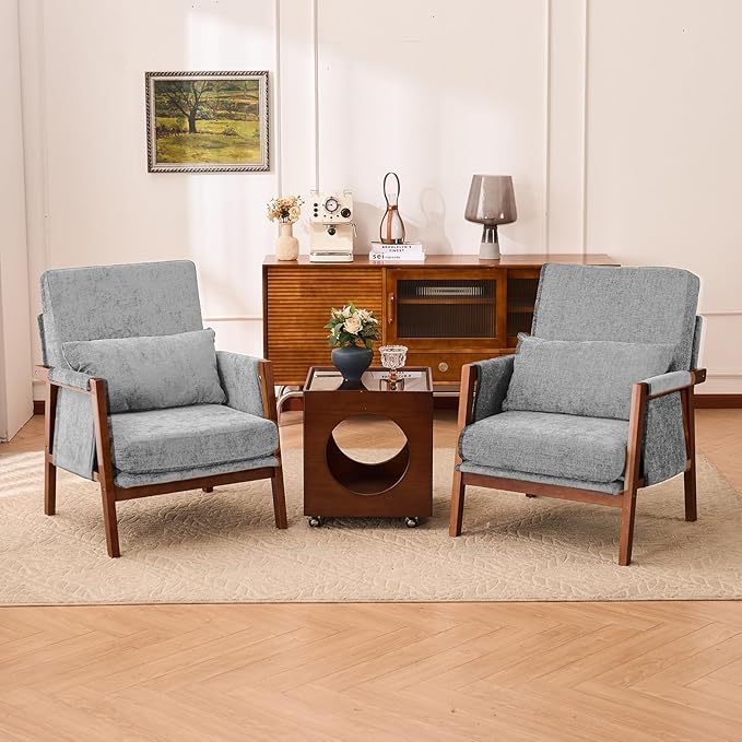 Accent Chair Mid-Century Modern with Lumbar Support Pillow, Upholstered Living Room Chairs with Wooden, Chenille Armchair with Cushion, Anthropologie Side Chair for Bedroom, Light Grey