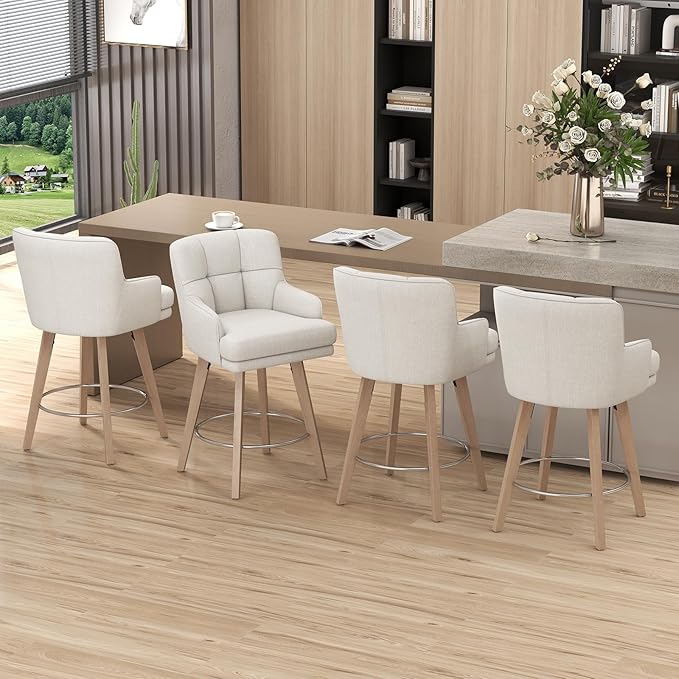 360°Swivel Counter Height Bar Stools with Back, 26 inch Solid Wood Legs, Bar Stool Modern Kitchen Island Chairs, Fabric (Beige- Fabric, 26" H- Set of 4)