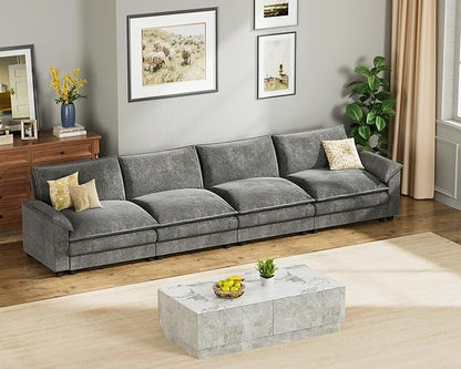 Homall 159" Modular Sectional Sofa, Linear Sofa Couch with Double-Layer Cushion, DIY Combination Chenille Deep 4-Seat Cloud Couch for Living Room, Apartment (Light Grey, Linear Sofa)