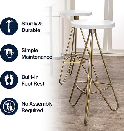 JONATHAN Y BSL1002B Trinity 30" Modern Industiral Iron Tripod Backless Bar Stool for Home, Kitchen, Dining Room, Workspaces, Cafes and Resturants, White Seat with Gold Frame