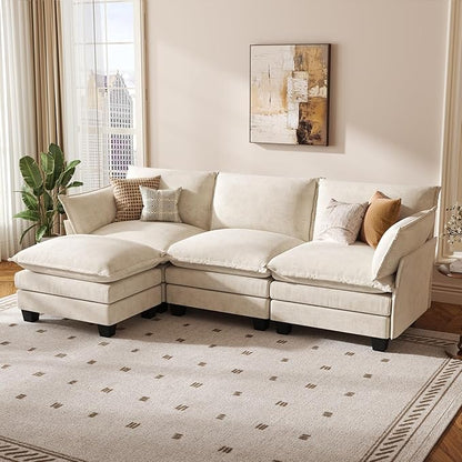 KKL 91.3" Modular Sectional Sofa, L-Shaped 4 Seater Cloud Couch with Ottoman, Chenille Modern Sectional Couches for Living Room, Apartment, Beige
