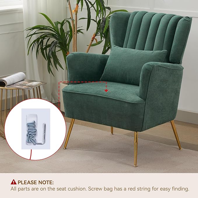 Fabric Accent Living Room Arm Chair with Pillow & Golden Legs, 8.5" Thick Cushion, Mid Century Modern Wingback Chairs Upholstered Comfy Sofa Armchair for Reading Room/Bedroom, Green