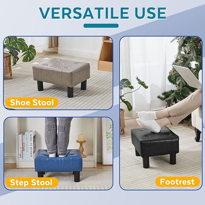 Small Foot Stool Ottoman, Faux Leather Footstool Ottoman Foot Rest for Couch, Rectangle Footstools and Ottomans Small for Living Room, Entryway and Bedroom (Black)