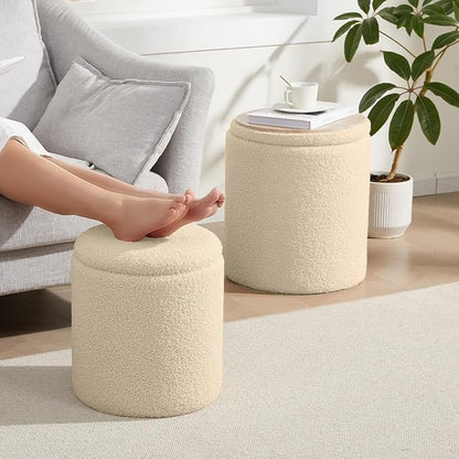Royal Windsor Boucle Round Ottoman with Storage Set of 2,Small Foot Stool Ottoman for Living Room, Small Coffee Table,Vanity Stool with Storage for Bedroom, Beige