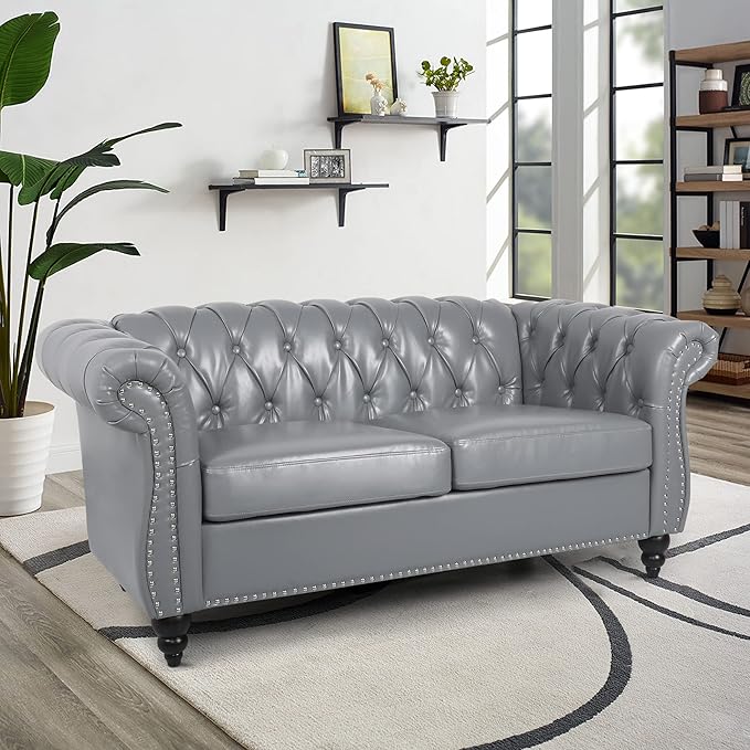 LEVNARY Leather Sofa, Chesterfield Tufted Upholstered 2 Seater Couch, Modern Loveseat Couch Classic Furniture for Living Room Bedroom (Gray)