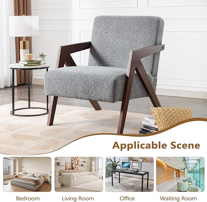 Bonzy Home Mid-Century Modern Accent Chair with Solid Wood Frame, Upholstered Armchair for Bedroom & Living Room,Reading Side Chair with Soft Lien Fabric Cushion,Easy Assembly,Light Grey