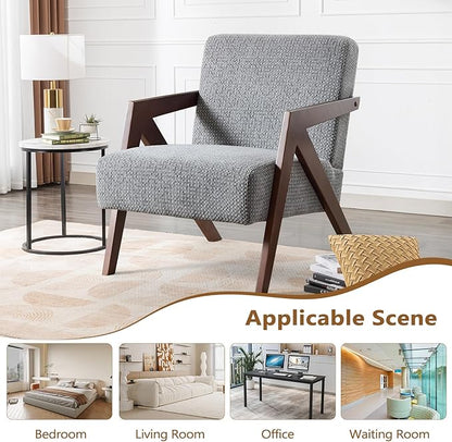 Bonzy Home Mid-Century Modern Accent Chair with Solid Wood Frame, Upholstered Armchair for Bedroom & Living Room,Reading Side Chair with Soft Lien Fabric Cushion,Easy Assembly,Light Grey