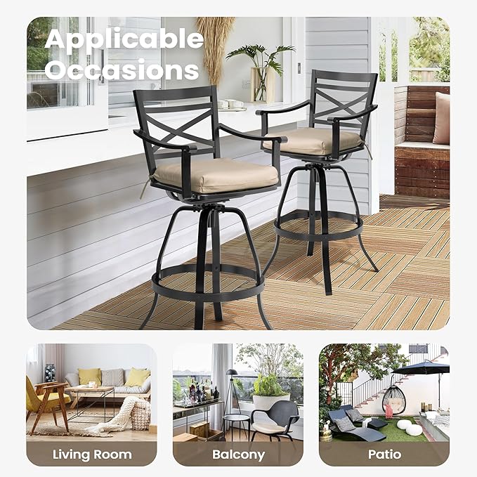 Pellebant 30" Sunbrella Outdoor Bar Stools Set of 6, Aluminum Swivel Patio Bar Height Bar Stools with Back & Footrest, for Deck Lawn Garden(Canvas Antique Beige)