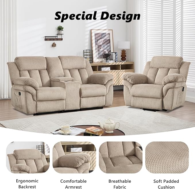 CANMOV Recliner Sofa Set, Oversize Power Lift Recliner Chair and Manual Loveseat with Overstuffed Armrest for Living Room,Bedroom Furniture,Office,1+2 Seat Light Brown