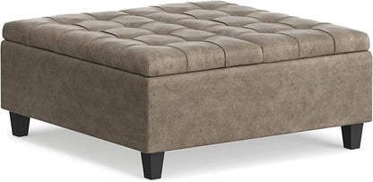SIMPLIHOME Harrison Coffee Table Storage Ottoman - 36 inch Wide Upholstered Faux Leather Square Lift-Top Ottoman in Distressed Smoky Grey Brown, Transitional Ottoman for Living Room with Storage