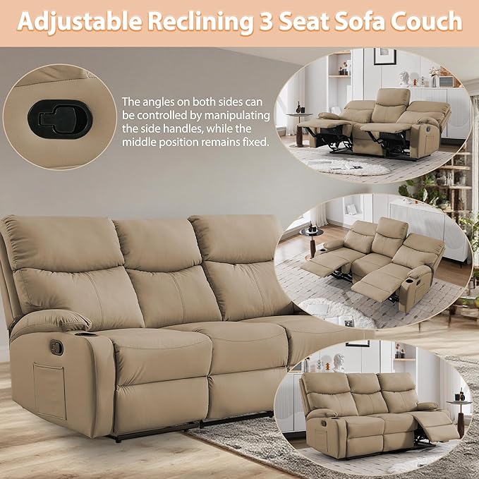 3-Seater Manual Seater Reclining Anti-Scratch 3 Seat Reclining Sofa with Side Pocket and Cupholders Reclining Loveseat Sofa for Living Room Meeting Room Bedroom Office Apartment