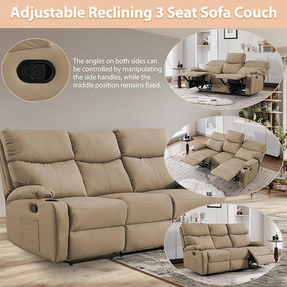 3-Seater Manual Seater Reclining Anti-Scratch 3 Seat Reclining Sofa with Side Pocket and Cupholders Reclining Loveseat Sofa for Living Room Meeting Room Bedroom Office Apartment