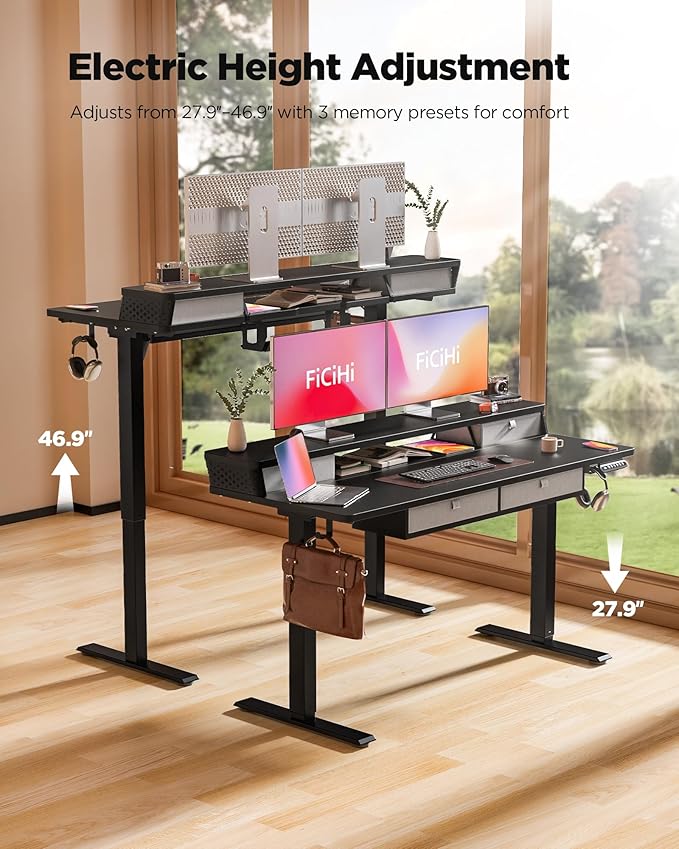 FiCiHi Adjustable Height Standing Desk with 4 Drawers,48 x 24 inches Electric Sit Stand Home Office Desk with Two Tiers, 3 Memory Presets, Monitor Stand Riser