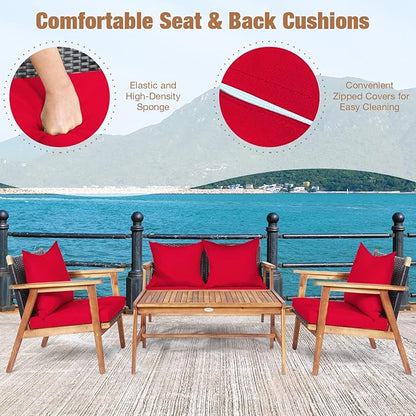 COSTWAY 4 Pieces Acacia Wood Patio Conversation Set, Outdoor Wicker Sofa with Coffee Table & Cushions, Patio Rattan Furniture Set for Yard, Porch, Poolside, Balcony, Backyard, Red