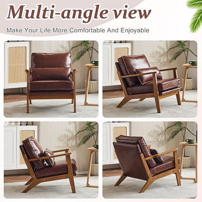VINGLI Solid Wood Wide Armrests Accent Chair,Upholstered Mid Century Modern Chair with Pillow,Comfy Reading Chair Farmhouse Arm Chair,Chairs Living Room,Bedroom,Guest Room,PU Leather,Dark Brown