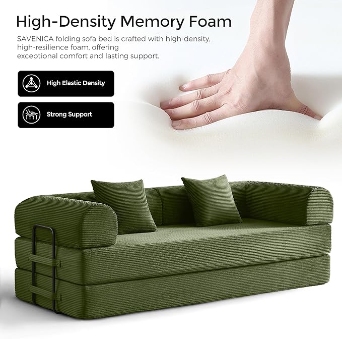 79" Convertible Sofa Bed with Fixed-Shape Frame & Removable Armrests, Modular Corduroy Sleeper Sofa, Folding Mattress Couch for Small Spaces - No Assembly Needed in Green (Includes 2 Pillows)
