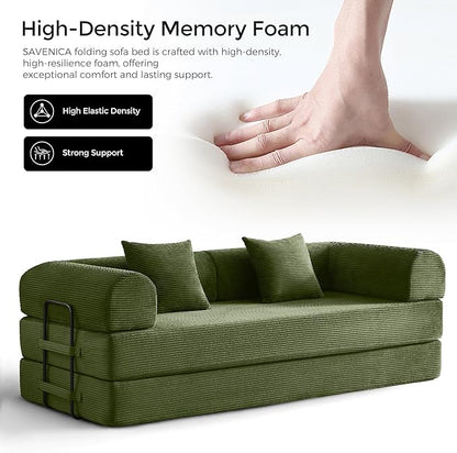 79" Convertible Sofa Bed with Fixed-Shape Frame & Removable Armrests, Modular Corduroy Sleeper Sofa, Folding Mattress Couch for Small Spaces - No Assembly Needed in Green (Includes 2 Pillows)