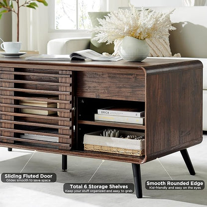 RedLemon 48" Lift Top Coffee Table with Slatted Sliding Door, Mid Century Modern Center Table with Hidden Storage Compartment,Lifting Tabletop & Adjustable Shelf for Living Room, Office, Dark Walnut