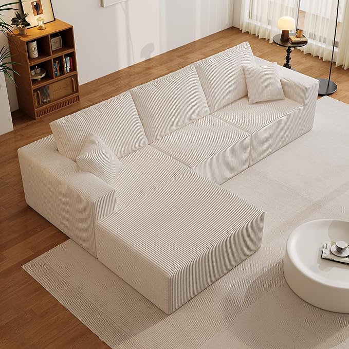 110" Boneless Cloud Sectional Couch for Living Room, Compressed Modular L-Shaped Sofa with Deep Seat, Frameless Corduroy Couch in Boxes, No Assembly Required 3-Seater (Right-Facing Chaise, Beige)