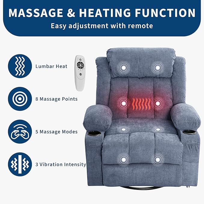Rocker Recliner Chair with Heat and Massage, 360° Swivel Oversized Recliner for Adults, Single Sofa Seat with 3 Positions, 2 Side Pockets, Cup Holders, and USB Ports, Lazy Boy Recliner (Large, Blue)