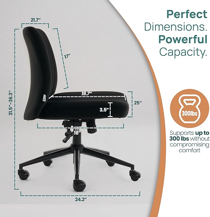 NYPOT Armless Desk Chair with Wheels for Criss Cross Sitting - Cross Legged Wide Armless Chair - Adjustable Vanity 360° Swivel Stool and 120° Rocking Wide Seat Comfy for Home and Office, Black Velvet