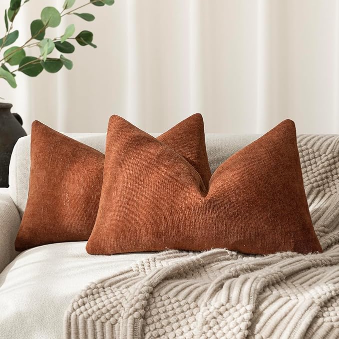 Foindtower Pack of 2 Soft Textured Throw Decorative Pillow Covers Lumbar Accent Solid Cushion Cover Cozy Farmhouse Pillow Case with Zipper for Couch Sofa Bed Living Room 12x20 Inch, Burnt Orange