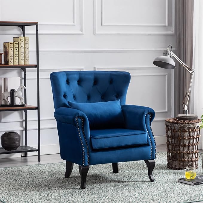 Accent Reading Arm Chairs for Living Room Bedroom, Midcentury Modern Comfy Corner Sofa Chair, Wingback Waiting Room Club Chair with Button Tufted Back &Lumbar Pillow, Velvet Blue