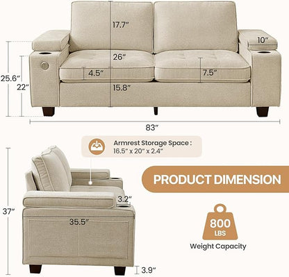 84" Loveseat for Living Room,Modern Chenille Upholstered 2-Seater Loveseat Couch for Apartment,Solid Wood Sofa with Adjustable Storage Armrest,Cup Holders,USB & Type-C Ports(Beige)