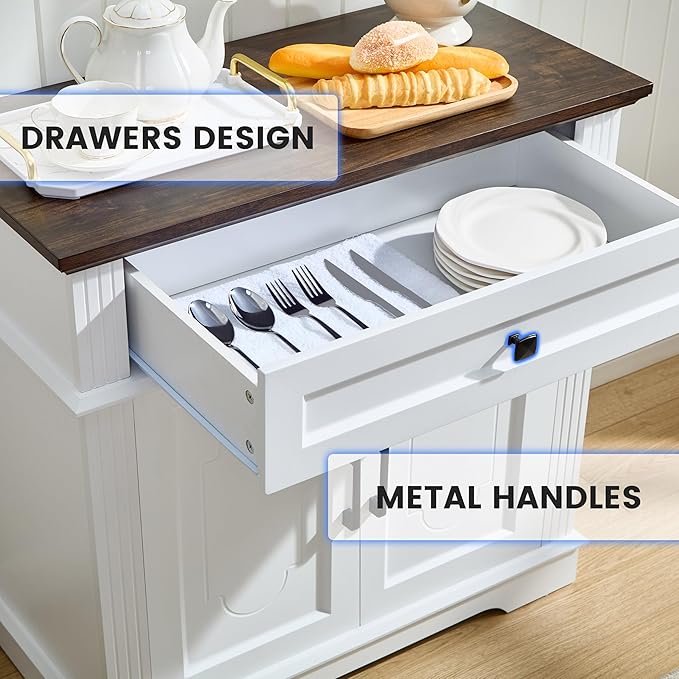 White Farmhouse Storage Cabinet with 2 Doors and 1 Drawer, Adjustable Shelf, Freestanding Kitchen Pantry Cabinet, Modern Buffet Sideboard Coffee Bar Cabinet Living Room Bathroom Dining Room
