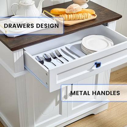 White Farmhouse Storage Cabinet with 2 Doors and 1 Drawer, Adjustable Shelf, Freestanding Kitchen Pantry Cabinet, Modern Buffet Sideboard Coffee Bar Cabinet Living Room Bathroom Dining Room