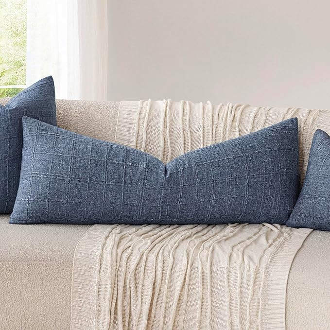 Foindtower Set of 2 Decorative Linen Check Throw Pillow Covers Neutral Farmhouse Lumbar Cushion Covers Modern Coastal Boho Home Decor for Sofa Chair Couch Bedroom Living Room,12×24 Inch,Blue