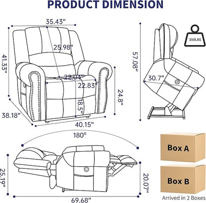 Luxlen Power Lift Recliner Chair for Elderly, Dual Motor Massage Recliner with Lumbar Heat, Heavy Duty Motion Mechanism Lift Chair with Charge Ports, Genuine Leather - Black