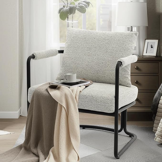 Single Accent Chair for Living Room, Mid Century Modern Upholstered Reading Armchair for Bedroom, Office, with Comfy Chenille Cushion Back & Metal Frame, Light Grey