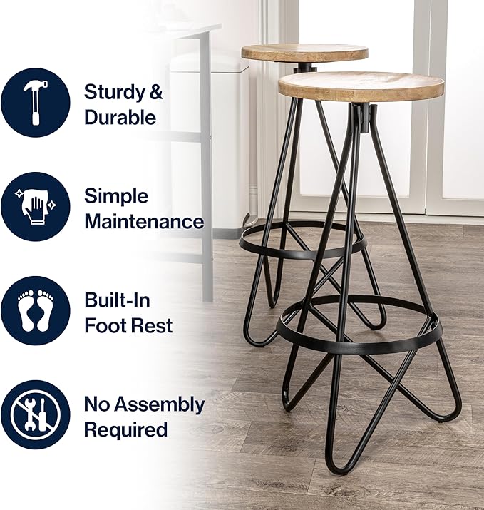 JONATHAN Y BSL1000E Spiroa 30" Modern Industrial Metal/Wood Backless Circular Bar Stool for Home, Kitchen, Dining Room, Workspaces, Cafes and Resturants, Natural Wood Seat with Black Frame