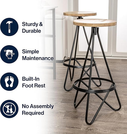 JONATHAN Y BSL1000E Spiroa 30" Modern Industrial Metal/Wood Backless Circular Bar Stool for Home, Kitchen, Dining Room, Workspaces, Cafes and Resturants, Natural Wood Seat with Black Frame