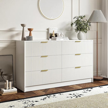 3-Piece Modern Bedroom Furniture Set, Wide 6-Drawer Dresser & 2-Drawer Nightstands Set of 2, Natural Wood Dresser and Nightstand Sets for Bedroom, Hallway, White
