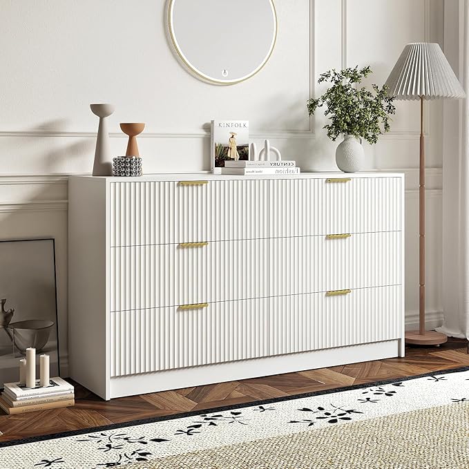 3-Piece Modern Bedroom Furniture Set, Wide 6-Drawer Dresser & 1-Drawer Nightstands Set of 2, Natural Wood Dresser and Nightstand Sets for Bedroom, Hallway, White