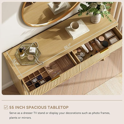 CARPETNAL Fluted 6 Drawer Dresser for Bedroom, 55" Wide Wooden Chest of Drawers with Rounded Corners, Gold Handles, Modern Storage Organizer for Bedroom, Hallway(Oak)