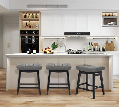 Counter Height Bar Stools Set of 4 for Kitchen Counter Farmhouse Modern Barstools with Faux Leather Upholstered Backless Seat and Solid Wood Legs 24 inch Bar Chairs, Grey + Black