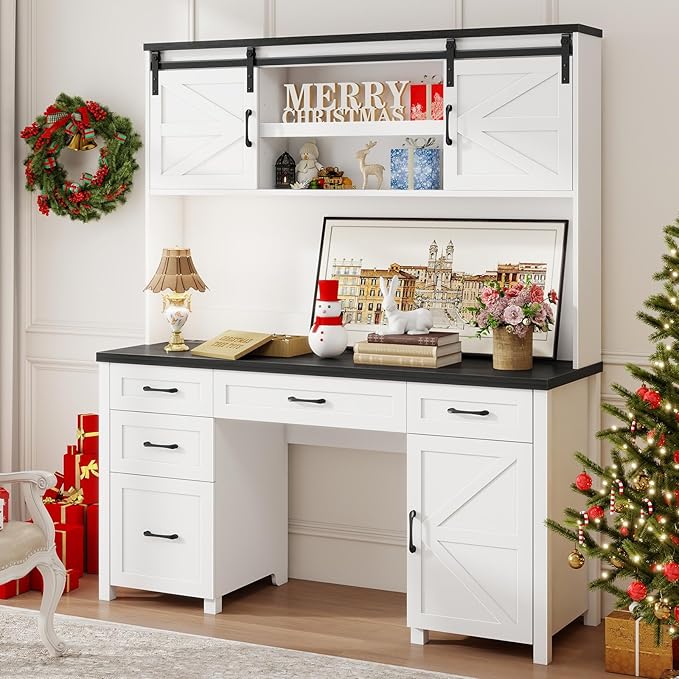 Farmhouse 67" H Executive Desk with Hutch,Office Table with 5 Drawers, Computer Desk with Storage Cabinet & File Drawers and Charging Station, Wood Workstation for Home Office and Study.(Black)