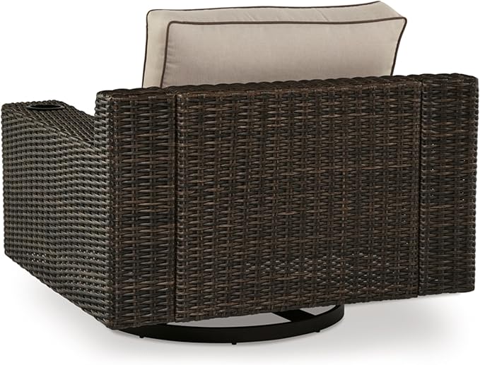 Signature Design by Ashley Coastline Bay Casual Outdoor Swivel Lounge with Cushion and 2 Cup Holders, Nuvella Weather Resistant Fabric, Beige & Dark Brown