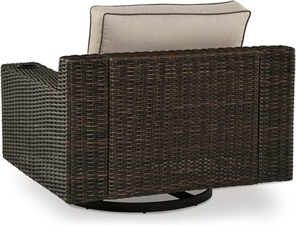 Signature Design by Ashley Coastline Bay Casual Outdoor Swivel Lounge with Cushion and 2 Cup Holders, Nuvella Weather Resistant Fabric, Beige & Dark Brown
