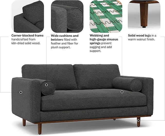 SIMPLIHOME Morrison 72-inch Wide Sofa in Charcoal Grey Woven-Blend Fabric, Handcrafted Mid-Century Modern Loveseat for Living Room or Family Room, Single Bench Cushion, Bolster Pillows