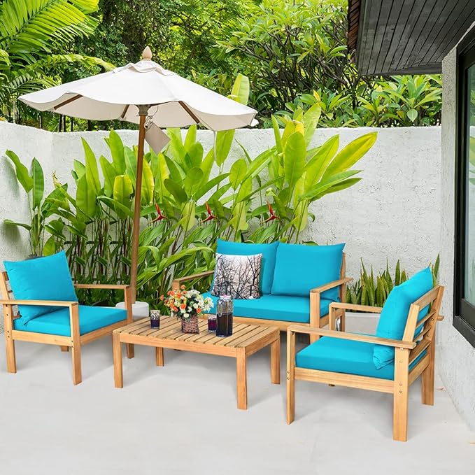 COSTWAY 4 Pieces Outdoor Acacia Wood Sofa Set, Outdoor Conversation Sofa Set with Table & Cushions Porch Chairs for Garden, Patio, Deck