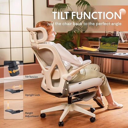 FLEXISPOT Foldex Ergonomic Office Chair, Folding Chair for Small Spaces with Lumbar Support, Flip-up Armrests, 3D Headrest, Desk Chairs with Footrest for Work,Video Game (Foam Seat, Cream)