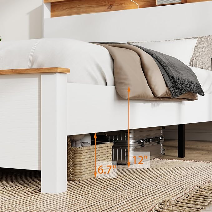 King Bed Frame, Wood Platform Bed Frame with Storage Headboard, Charging Station, Modern Bedframe King Size, 800lbs Capacity, Metal Slat Support, Noise-Free, No Box Spring Needed, White