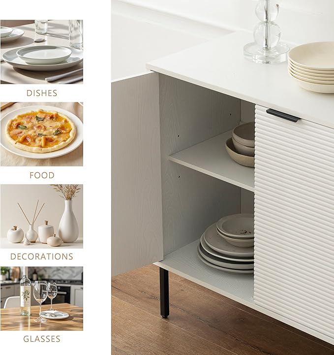 Kitchen Buffet Storage Cabinet, Modern 3 Door Coffee Bar with Shelves, Wooden Fluted Entryway Cabinet for Dinning Room, Living Room (1, Embossed White)